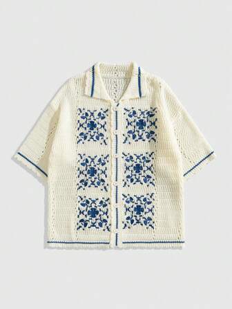 Casual Herren locker gestricktes Hemd mit Stickereimuster, kurzärmeliges Gestricktop