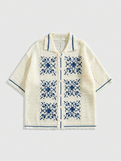 Street Life Herren locker gestricktes Hemd mit Stickereimuster, kurzärmeliges Gestricktop