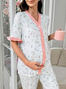 SHEIN Set di pigiami da maternità con cardigan a scollo a V con volant a contrasto e pantaloni stampati a fiori ditsy