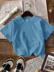SHEIN Camiseta de manga corta y cuello redondo informal para niños, adecuada para el verano