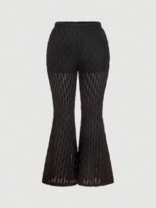 SHEIN MOD Plus Size High Elastic Knitted Romantic Vintage Boho Style Textured Slim Fit Flare Pants, Beach Vacation - Pink - View 1