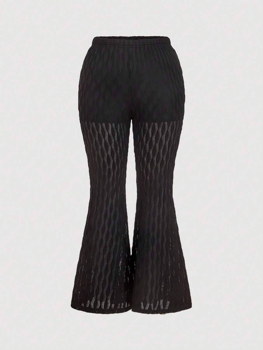 SHEIN MOD Plus Size High Elastic Knitted Romantic Vintage Boho Style Textured Slim Fit Flare Pants, Beach Vacation - Pink - View 1