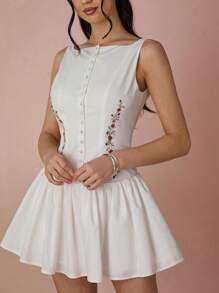 Enchnt Frühlings-/Sommer-romantisches Damen Weißes Retro Kleid mit kleiner Rosen-Stickerei, Boot-Ausschnitt, gerüschtem Saum, ärmellos, rückenfreiem Design, süßes und elegantes Mini-Kleid für Urlaub, Dates, Feiertage, Partys, Abschluss und Hochzeitsgäste, Abschlussballkleid, Sommerkleider für Damen, Sommerkleider für Damen, Sommerkleidung