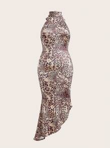 SHEIN Unity Plus Size Women Leopard Print Asymmetrical Hem Halter Knit Dress - Multicolor - View 1