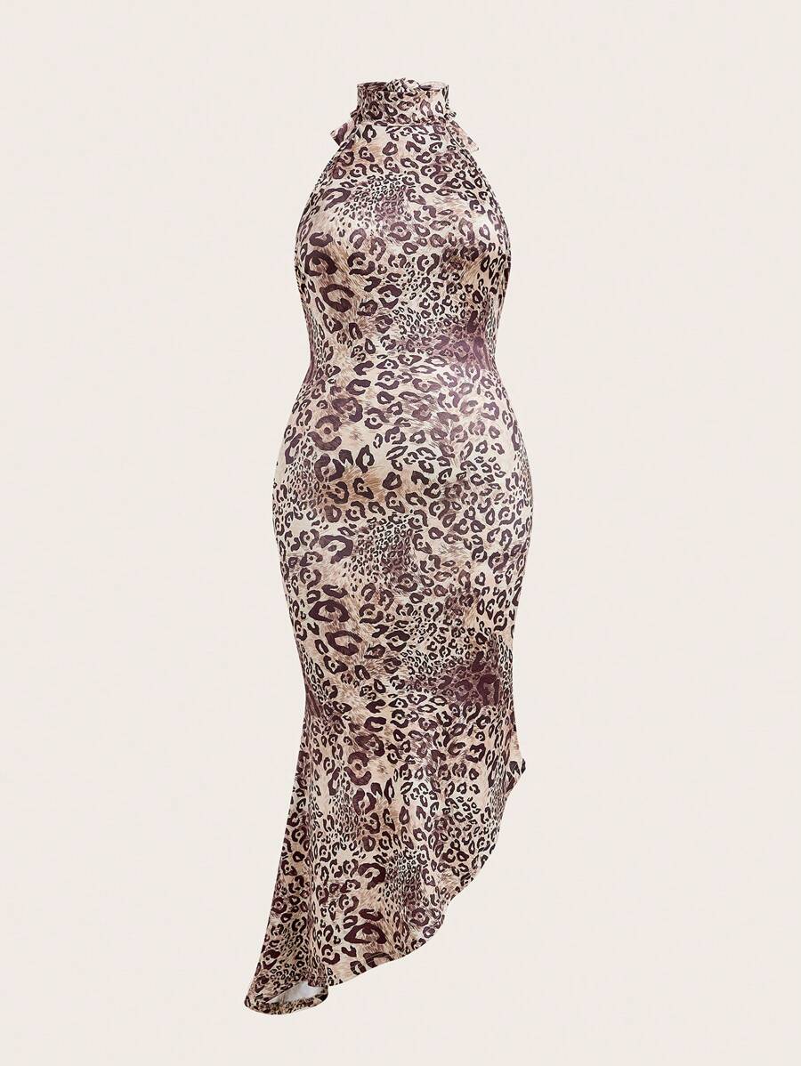 SHEIN Unity Plus Size Women Leopard Print Asymmetrical Hem Halter Knit Dress - Multicolor - View 1