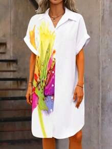 Zolique 花卉印花不对称前扣短袖连衣裙