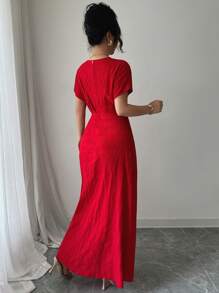 Rafferiza 女式纯色交叉V领蝙蝠袖优雅连衣裙 - 紅色 - 查看 2