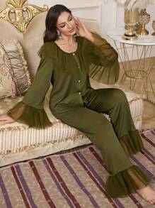 SHEIN Ensemble de vêtements de nuit composé d'un cardigan à col rond avec volants en panneau de maille et d'un pantalon