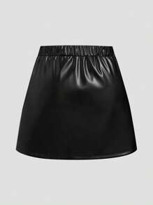 Sweetra 大码女式春夏褶皱不对称迷你 PU 皮革半身裙，可爱时尚优雅黑色 - 黑色 - 查看 2