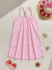 Girls White Lace Hollow Out Mid-Length Beach Cover Up - Multicolor - View 3