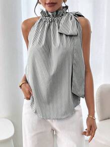 SHEIN Clasi 女式春夏条纹荷叶边领蝴蝶结无袖衬衫