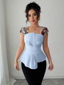 Elenzga Women's Waistline Asymmetrical Splice Embroidered Mesh Blouse - Baby Blue - View 3