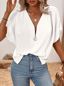EMERY ROSE Women's Simple Solid Color Bat Wing Sleeve Shirt, Summer - White - View 6