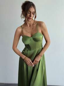 Firerie Spring/Summer New Arrival Elegant Woman's Green Stain Elegant V-Neck Waist Coat Details Long Dress, Sexy And Elegant Party Dress, Sisters Evening Dress, Ladies Long Dress Satin Women Outfit.
