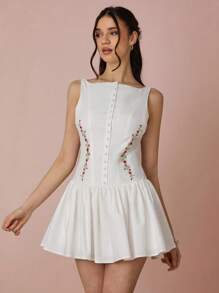 Enchnt Frühlings-/Sommer-romantisches Damen Weißes Retro Kleid mit kleiner Rosen-Stickerei, Boot-Ausschnitt, gerüschtem Saum, ärmellos, rückenfreiem Design, süßes und elegantes Mini-Kleid für Urlaub, Dates, Feiertage, Partys, Abschluss und Hochzeitsgäste, Abschlussballkleid, Sommerkleider für Damen, Sommerkleider für Damen, Sommerkleidung