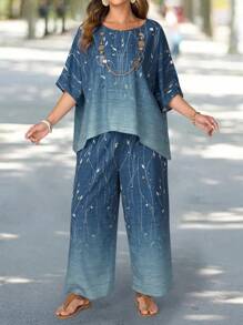 EMERY ROSE 2件套大码女式植物印花蝙蝠袖上衣和裤子 - 藍色 - 查看 5