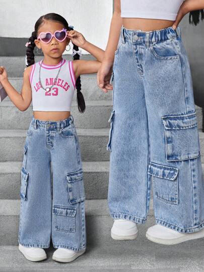 SHEIN 年轻女孩 Y2K 宽松蓝色工装牛仔裤，春夏休闲度假波西米亚风装