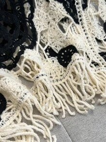 Franclia Women's Asymmetrical Contrast Color Fringe Knit Pullover Shawl Cover Up, Suitable For Vacation Fall Winter Cloth For Women - Black - View 3