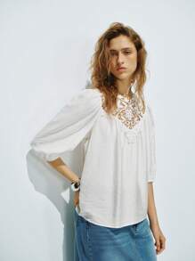 Lumivelle Nuova camicetta bianca estiva in cotone, in pizzo a rete, con collo tondo e inserti in pizzo, adatta per insegnanti, abbigliamento estivo da donna, casual, per uscite, viaggi e versatile