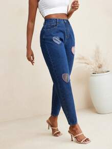 MODERRE 设计师红色缝线心形镂空洗水牛仔裤 - 深色水洗藍 - 查看 5