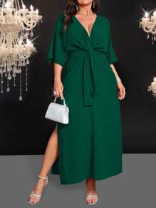 Cravure Plus Size Elegant Solid Color Waist-Cinched Long Dress - Green - View 4