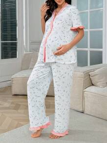 SHEIN Set di pigiami da maternità con cardigan a scollo a V con volant a contrasto e pantaloni stampati a fiori ditsy
