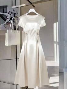 SHEIN Clasi Women's Elegant Mid-Length Striped Waist Design Casual Dress, Spring/Summer - White - View 1