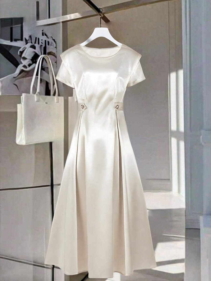 SHEIN Clasi Women's Elegant Mid-Length Striped Waist Design Casual Dress, Spring/Summer - White - View 1