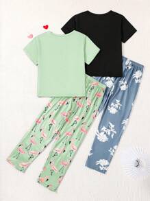 Set da 2 pezzi di pantaloni lunghi e maglietta a maniche corte, stile casual con stampa fenicottero blu navy, per abbigliamento da relax