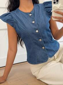 K-Vae Women's Denim Shirt, Casual Fitted Style With Round Neck, Blue