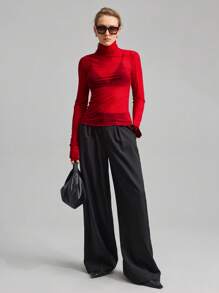 Ontre Women's Stockholm Style Teacher Autumn High Neck Knit Top, Elegant Autumn/Winter, Mesh Long Sleeve Top, Business Casual Basic Top