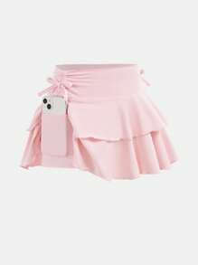 SHEIN Girlism 2件套青少年女孩休闲防走光紧身裤和裙子 - 淺粉色 - 查看 7