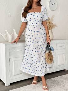 Flirla Plus Size Women's Patterned Waist Cinched Fishtail Dress, Summer - Apricot - View 6