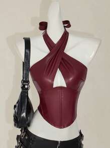 SHEIN ICON Women's Burgundy PU Leather Halter Criss Cross Crop Top: Asymmetrical Hem, Stylish And Edgy Cami For A Night Out