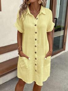 EMERY ROSE Women Minimalist Comfortable Casual Pure Cotton Reversible Double Pocket Shirtdress,Butter Yellow Dress