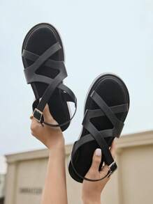 HighSole Women Casual Thick Sole Strap Buckle Flat Sandals, Solid Color PU Leather Roman Rounded Toe For Daily Outdoor Travel Student, Summer Versatile Comfortable High-End Vacation Season Casual Shoes Thick Sole Slippers Wedge Sandals, Cool Black Solid Ankle Strap Platform Sandals - Black - View 1