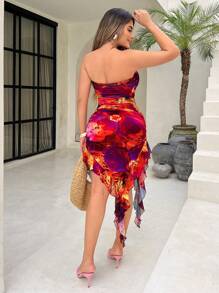 SHEIN SXY Abito lungo elegante e sexy da donna con stampa floreale arancione-rossa, con volant asimmetrici, adatto per appuntamenti, feste, uso quotidiano, vacanze in isola, spiaggia