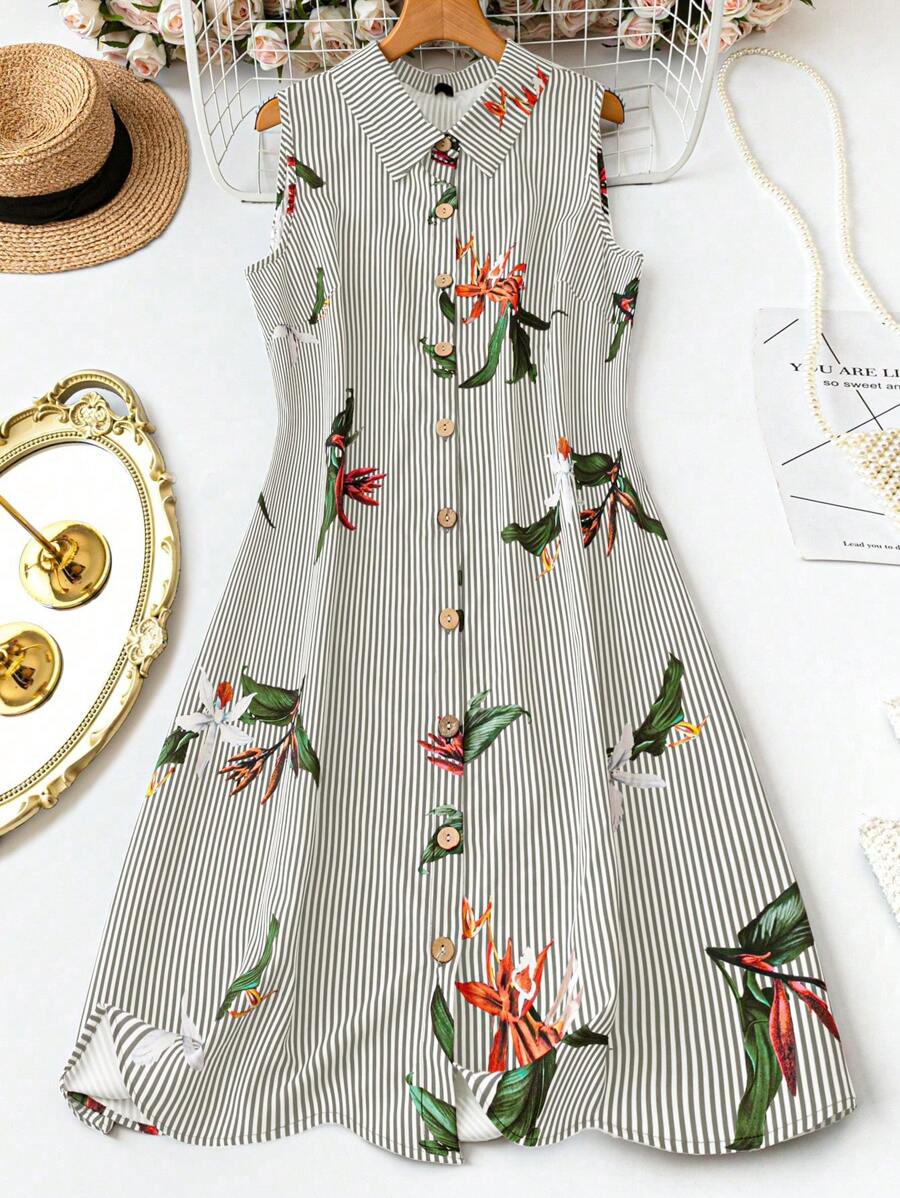 SHEIN LUNE Plus Size Women Sleeveless Summer Striped Single Floral Print Shirt Collar Dress - Multicolor - View 1