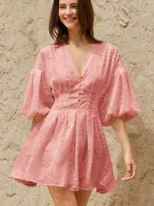 Aveloria Rosie 优雅复古 3D 刺绣花卉图案 V 领泡泡袖修身喇叭袖纽扣前开 A 字形荷叶边下摆迷你连衣裙，适合女士 - 粉色 - 查看 3