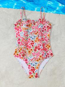 Cute One-Piece Ditsy Floral Ruffle Edge Tween Girl' Swimsuit, Beach Holiday Vacation Outfit - Multicolor - View 4