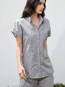 Aveloria Modichic New Stylish Business/Leisure Commute Elegant Vintage Hollowed-Out Contrast Embroidery Drop Shoulder Sleeve Lapel Button Shirt & Loose Wide Leg Pants Two Pieces Set For Women