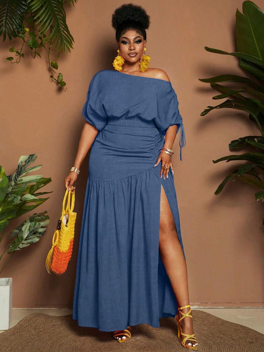 Maweii Bộ đồ hai mảnh áo crop top màu trơn cỡ lớn và váy ngắn xẻ tà cao, thời trang ngày lễ - Màu xanh lam - Xem 1