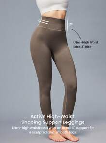 LUVLETTE Women's Seamless Wide Waistband Waist Elegance Yoga Fitness Active Gym Basic Leggings - Brown - View 9