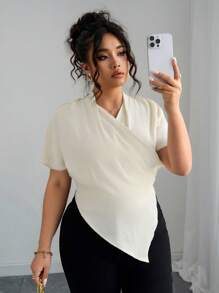Elenzga Plus Size Women's Summer V-Neck Ruched Asymmetric Hem Elegant Blouse - Apricot - View 3