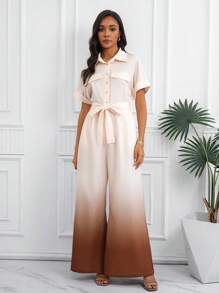 SHEIN Clasi Women Ombre Print Short Sleeve Jumpsuit - Apricot - View 5