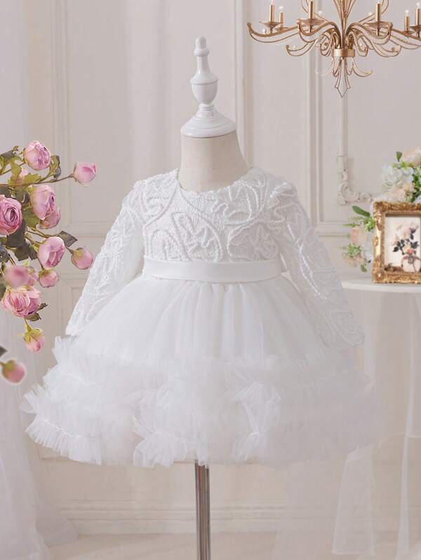 Glamorique Kids Baby Girls Long Sleeve Embroidered Mesh Peplum Dress, Champagne Color Infant Toddler Birthday Party Flower Girl Christening Gown