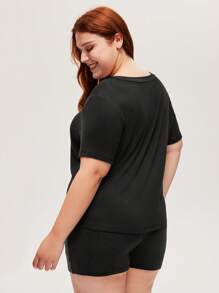 LUVLETTE Relaxed sitzende, super weiche schwarze elastische gerippte Basis Lässig-Sporty Crew Neck Kurzarm-Oberteil & Shorts Loungewear luftige Pyjama-Set Sport Lässig Komfort Outfits Active Hose mit Taschen Lingerie als Oberbekleidung