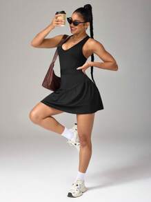 CourtClass Women's Solid Color Sleeveless Simple Ruched Casual Short Sports Dress - Black - View 4