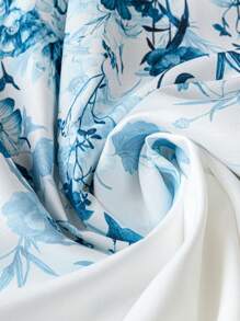 SHEIN LUNE Vestido maxi de manga larga con cuello en V, estampado floral y lazo falso para mujer talla grande, azul y blanco, elegante, para primavera/verano