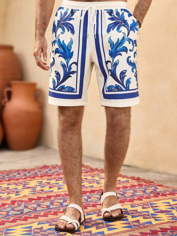 Manfinity VCAY Men's Casual Geometric 3D Digital Print Drawstring Waist Shorts